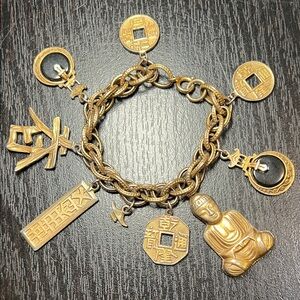 VTG ART Signed Gold Tone Chunky Asian Theme Buddha Coin Pagoda Charm Bracelet